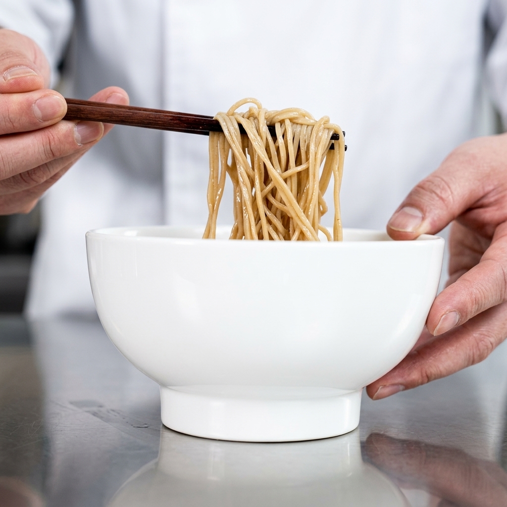 Un tazón de fideos siendo mezclados vigorosamente con palillos hasta quedar cubiertos de salsa oscura.