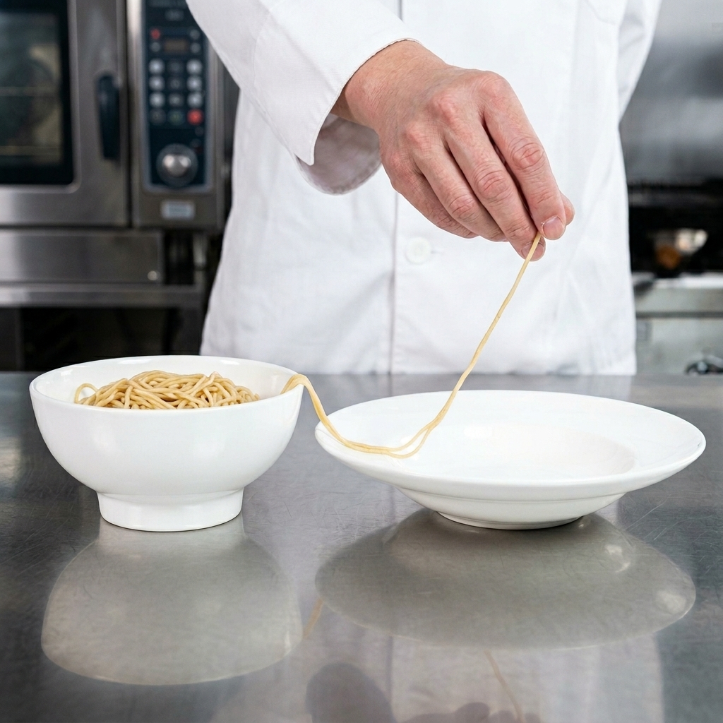 Primer plano de fideos siendo colocados cuidadosamente formando un montículo centrado en un plato blanco.