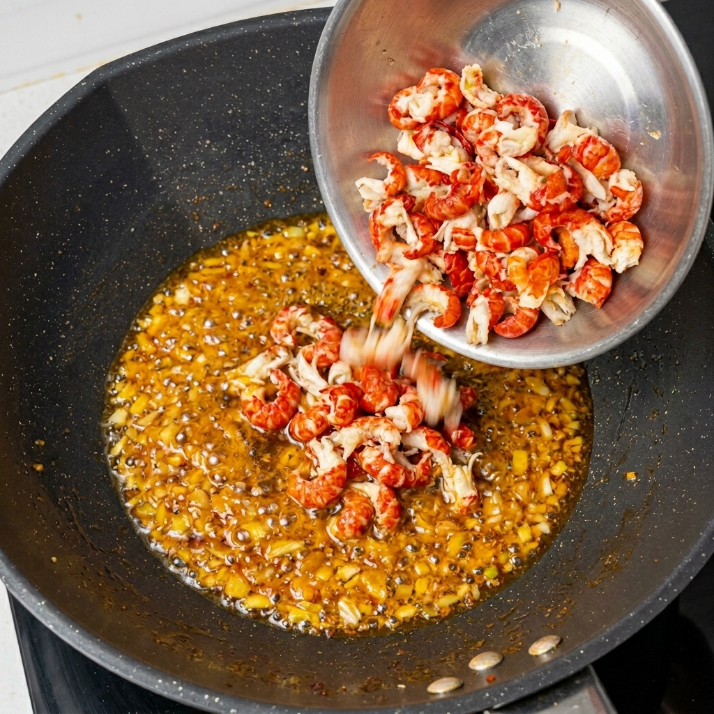Colas de cangrejo mezclándose con la base de aceite rojo en el wok.