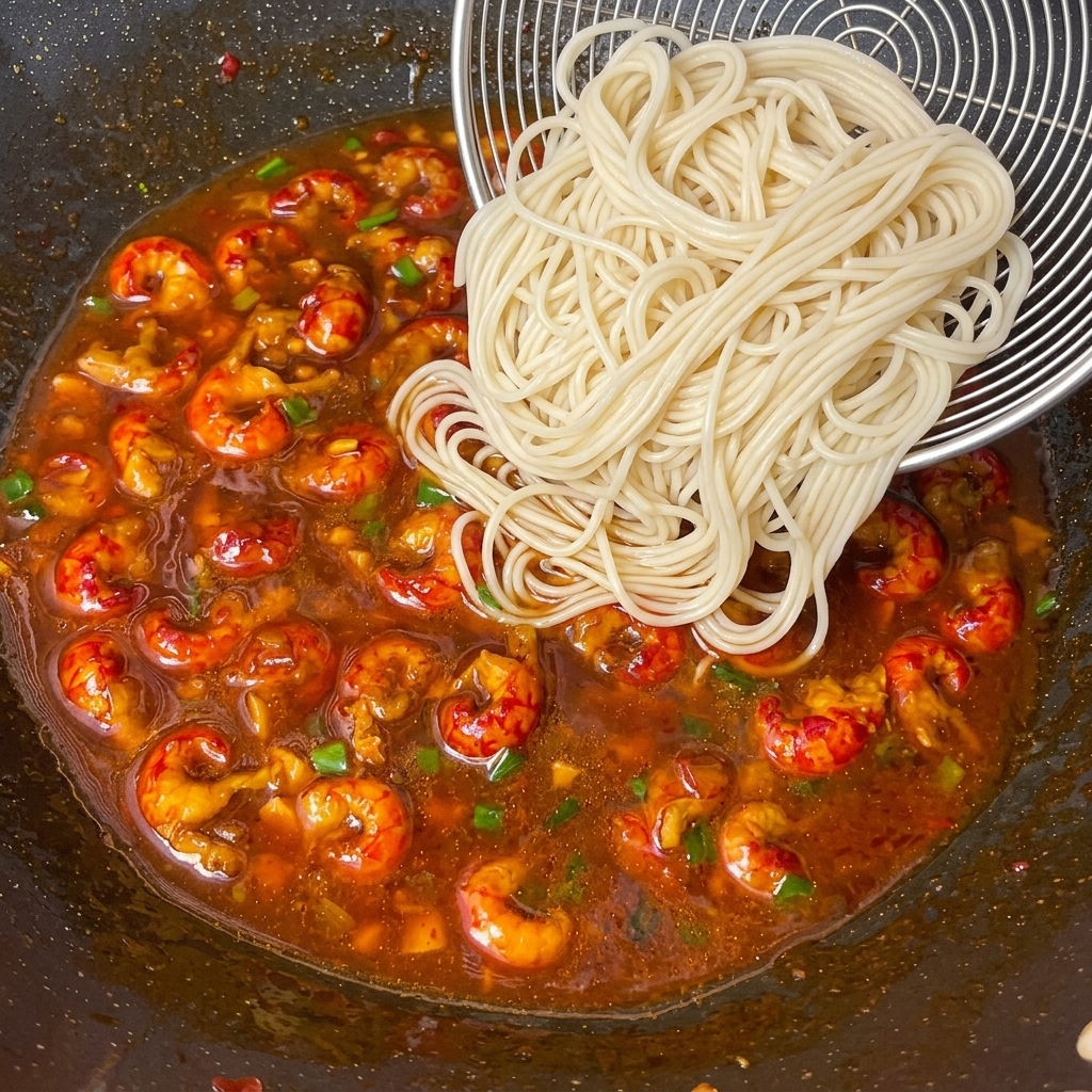 Tallarines precocidos mezclándose con la salsa espesa en el wok.