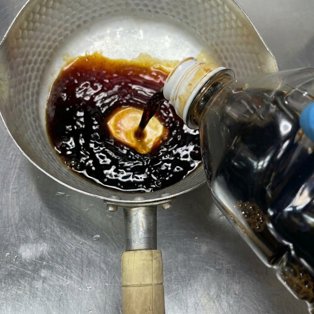 Salsa de soja oscura, sake de cocina y mirin mezclándose en una pequeña olla metálica.