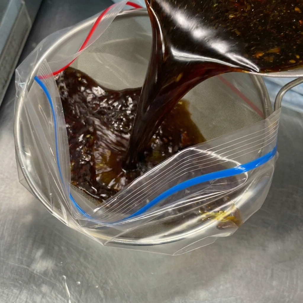La mezcla de soja siendo vertida a través de un colador fino dentro de una bolsa.