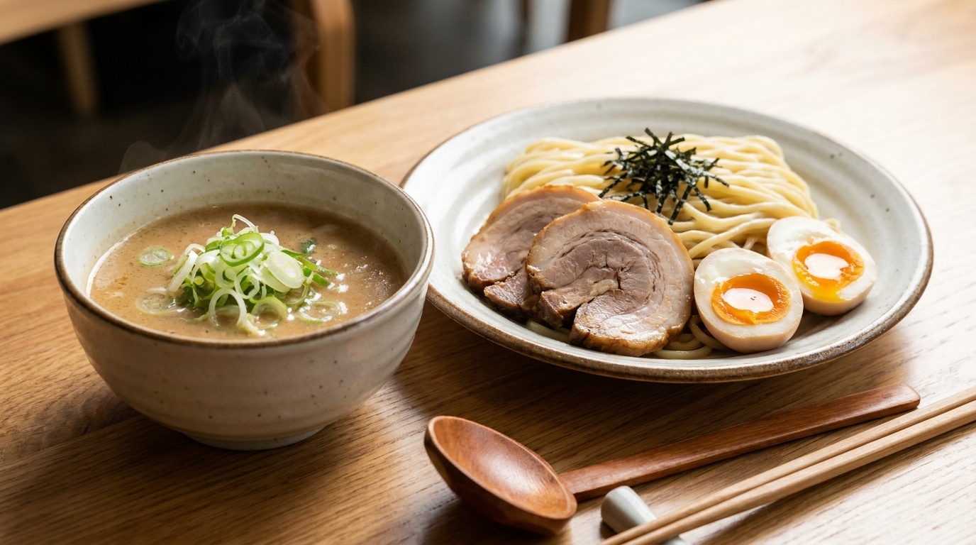 Un cuenco de rico y cremoso caldo de Tsukemen servido con fideos ramen fríos, huevo pasado por agua y tierno cerdo chashu.