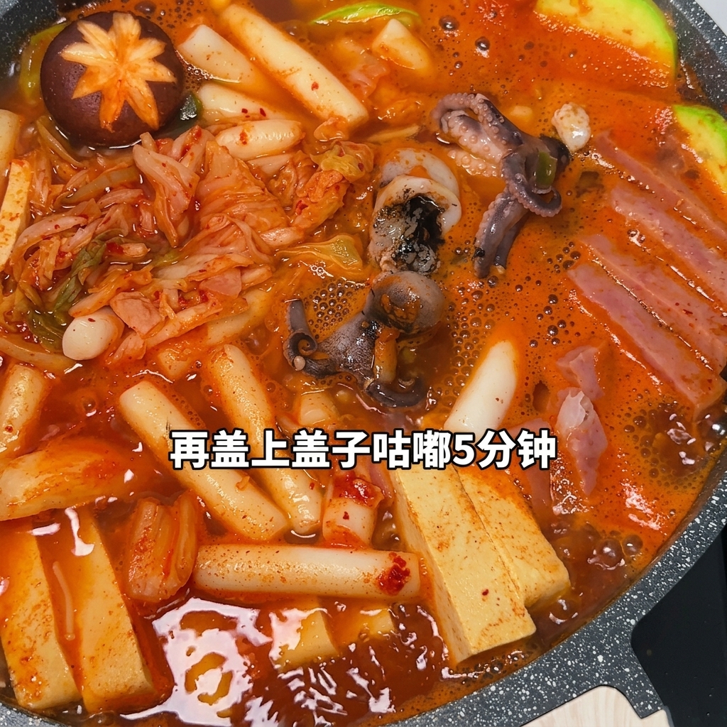 Una olla de estofado coreano con fideos cocinándose y una loncha de queso derritiéndose encima.