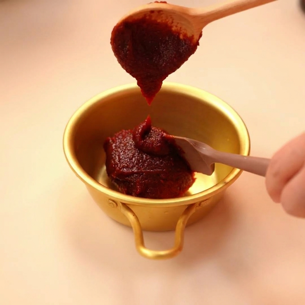 Una cuchara de madera añadiendo pasta de chile coreana en un pequeño bol dorado.