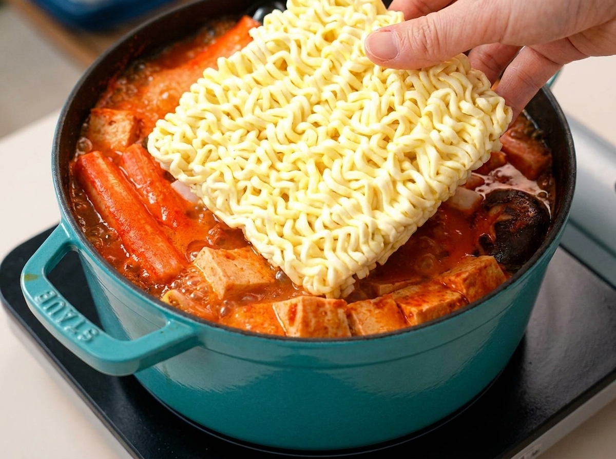Una mano bajando un bloque de fideos ramen secos en un estofado hirviendo.