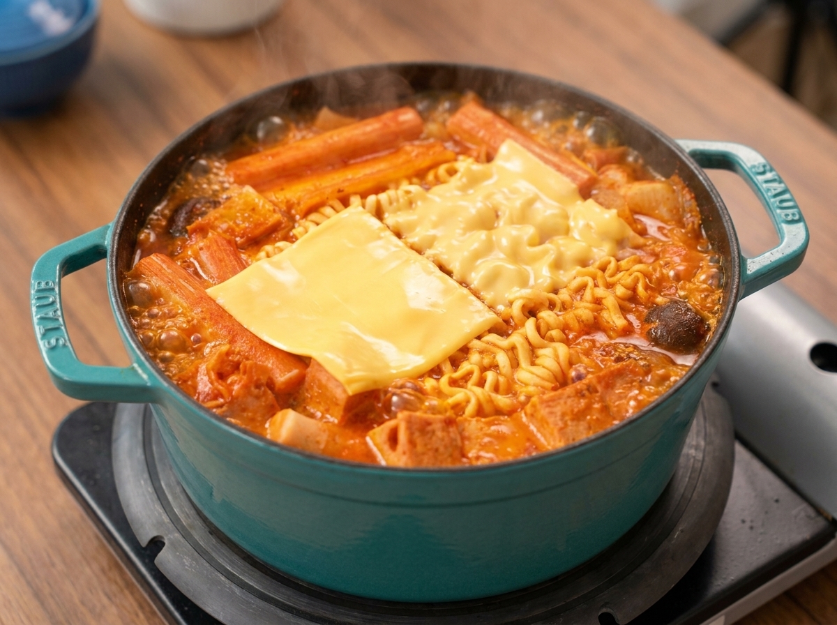 Dos lonchas de queso amarillo derritiéndose sobre los fideos en la olla.