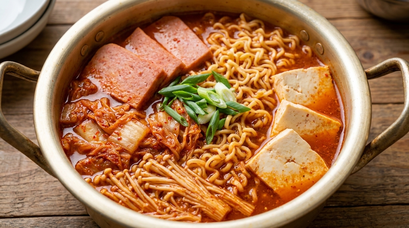 Una olla vibrante de Budae Jjigae con fideos instantáneos, spam, tofu y kimchi en un caldo picante.