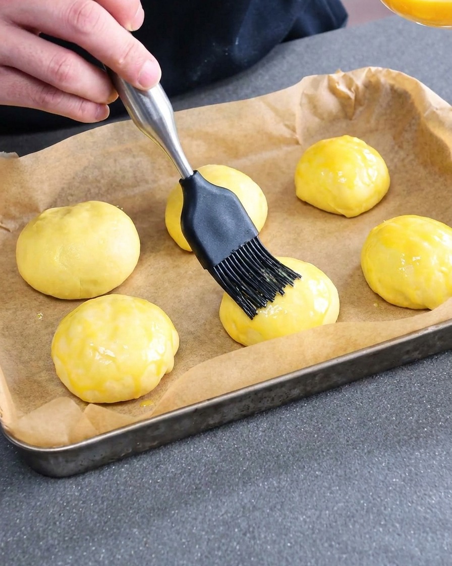 Bolas de masa para pan crudas siendo pinceladas con huevo batido en una bandeja forrada con papel pergamino.