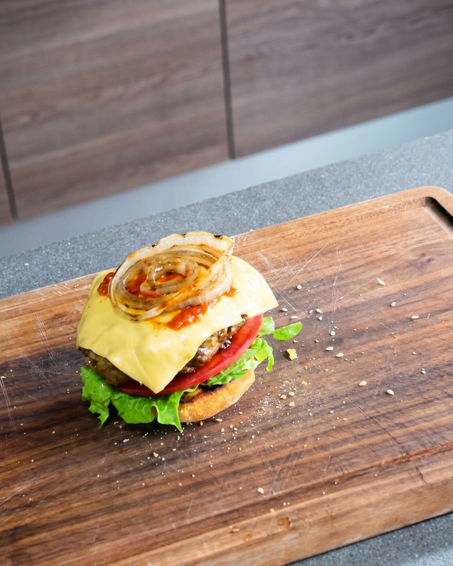 Una hamburguesa recién montada con lechuga, tomate, carne, queso fundido y cebolla asada.