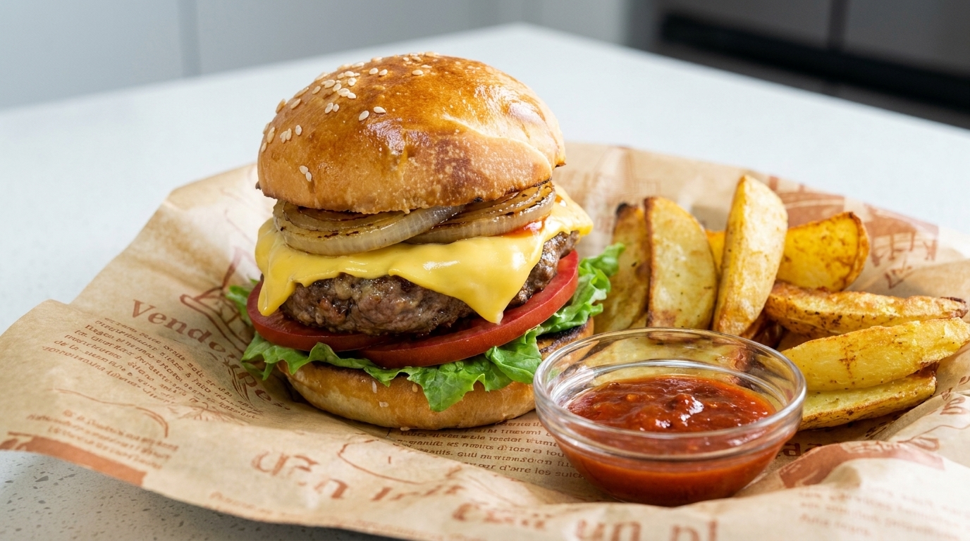 Una hamburguesa con queso gourmet recién montada, con queso fundido, lechuga crujiente y tomate fresco, servida con papas gajo doradas y kétchup.