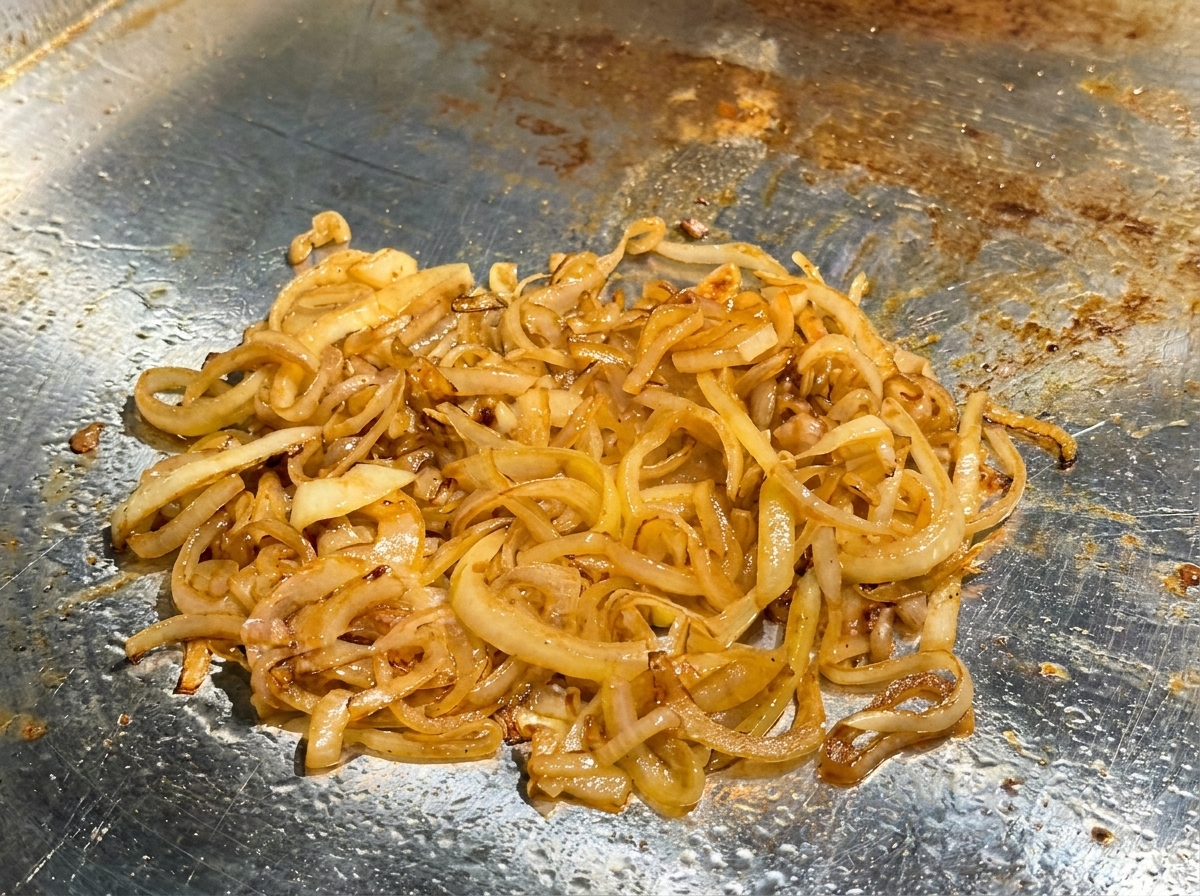 Vinagre de sidra de manzana siendo rociado sobre cebollas caramelizadas en una plancha caliente.