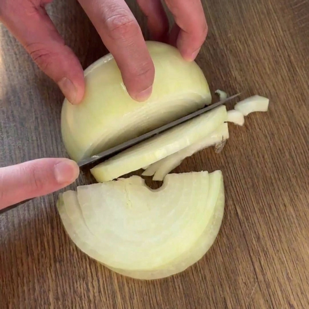 Persona cortando una cebolla en tiras uniformes con un cuchillo de chef.