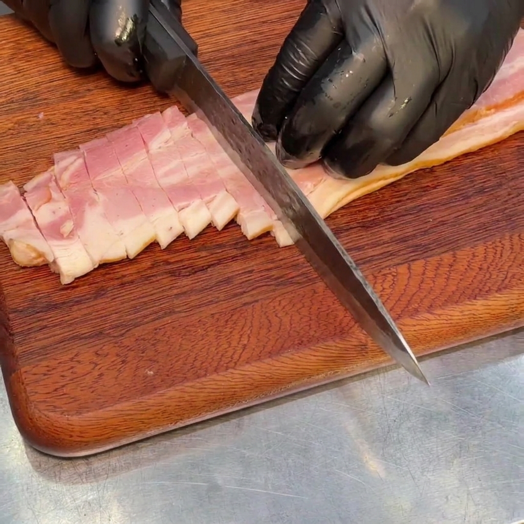 Trozos cuadrados y uniformes de beicon ahumado dispuestos sobre una tabla de cortar de madera rústica.