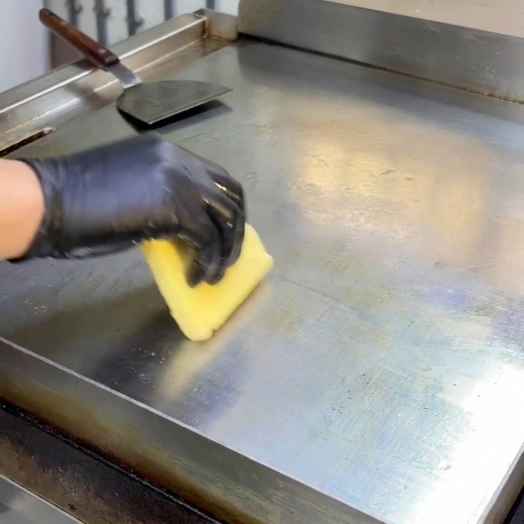 Mantequilla derritiéndose y siendo extendida sobre la superficie de una plancha caliente de acero inoxidable.