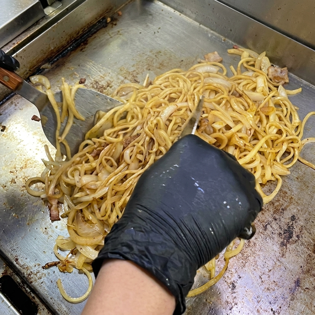 Primer plano de los trozos de beicon y las cebollas caramelizándose juntos en la plancha.