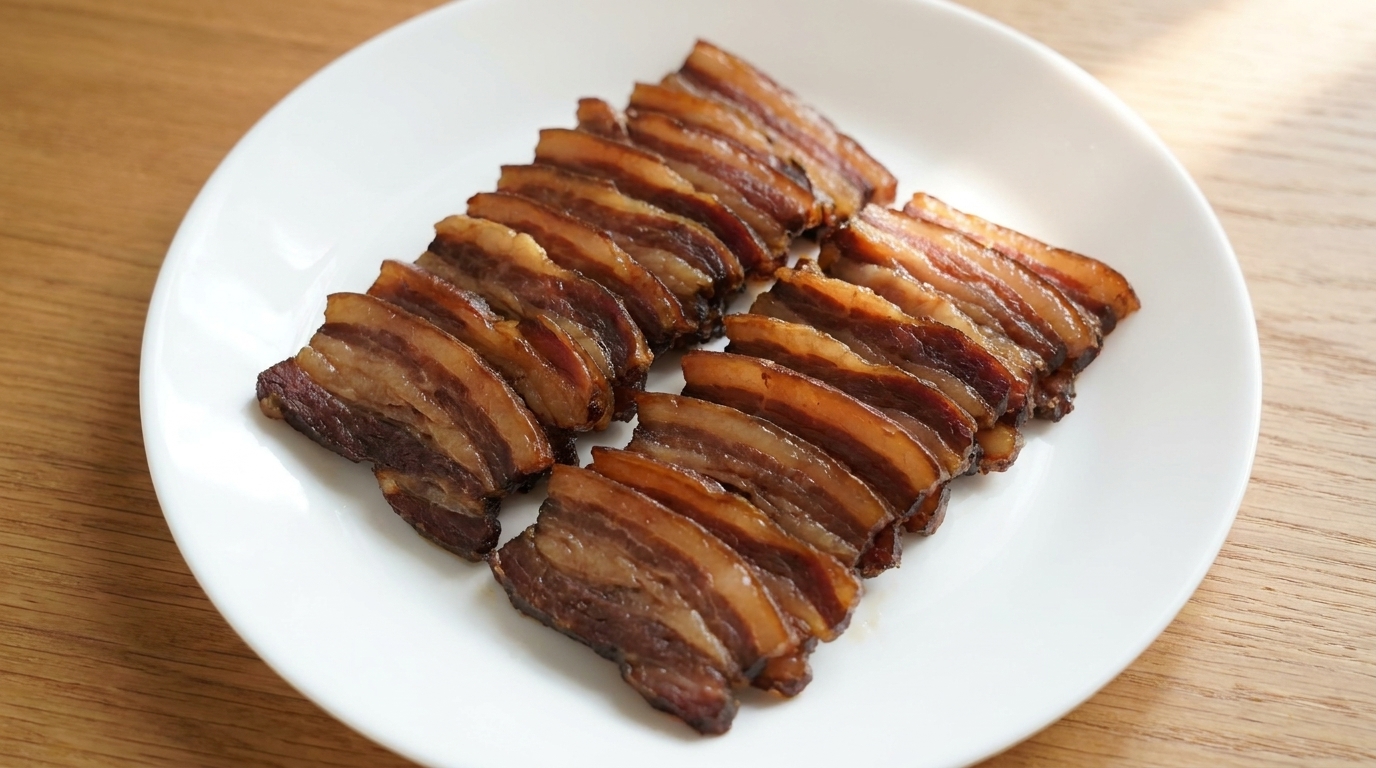 Lonchas finas de cerdo en salsa de soja servidas delicadamente en un plato blanco.