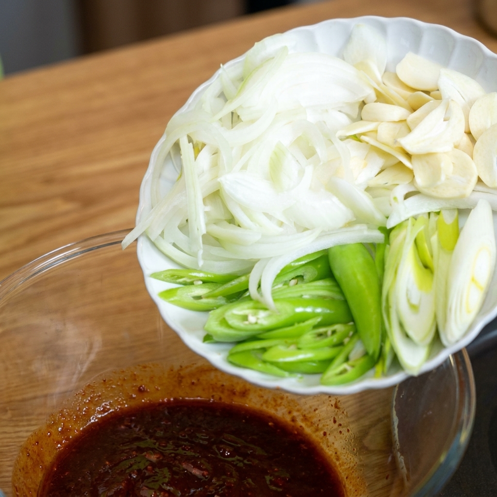 Una variedad de aromáticos cortados incluyendo ajo, chiles verdes y cebollas añadidos al bol de salsa.