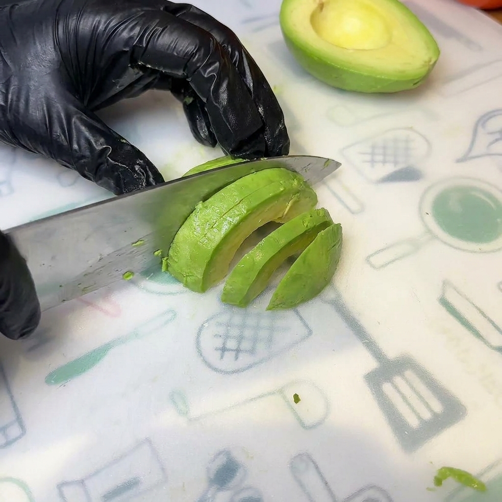 Láminas de aguacate fresco y maduro sobre una tabla de cortar, listas para usarse.
