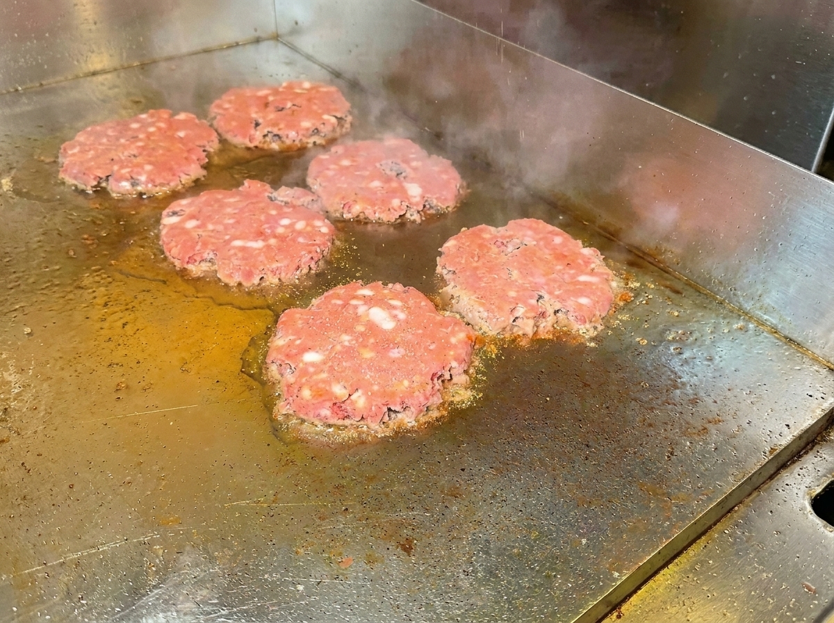 Hamburguesas de ternera siendo volteadas en la plancha, mostrando una superficie dorada.
