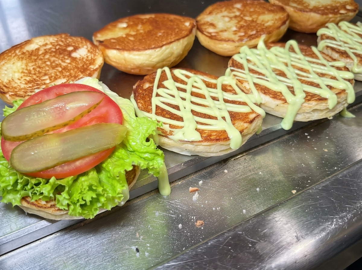 Pan de hamburguesa base con lechuga, tomate y pepinillos, junto a la tapa del pan con salsa.