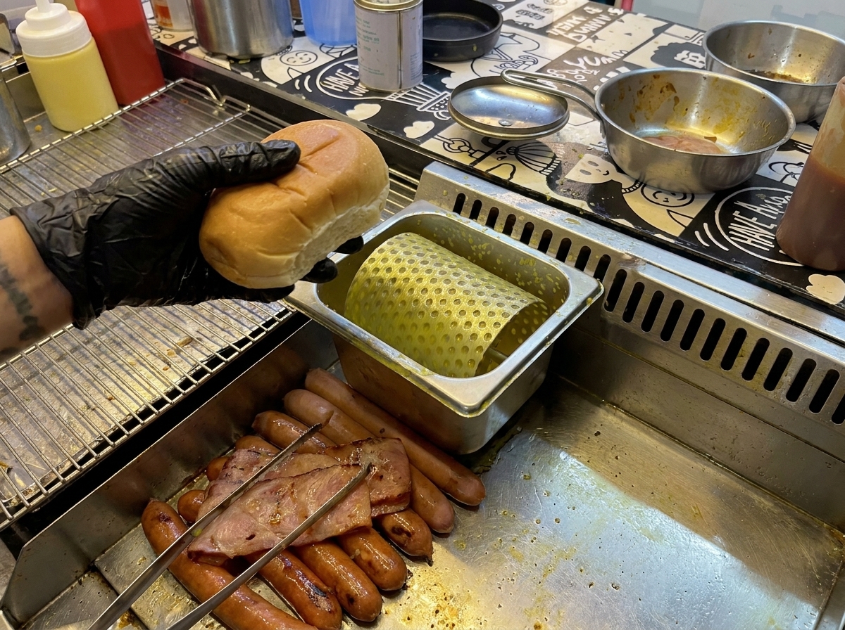 Mitades de pan de hamburguesa untadas con mantequilla tostándose en una plancha caliente.
