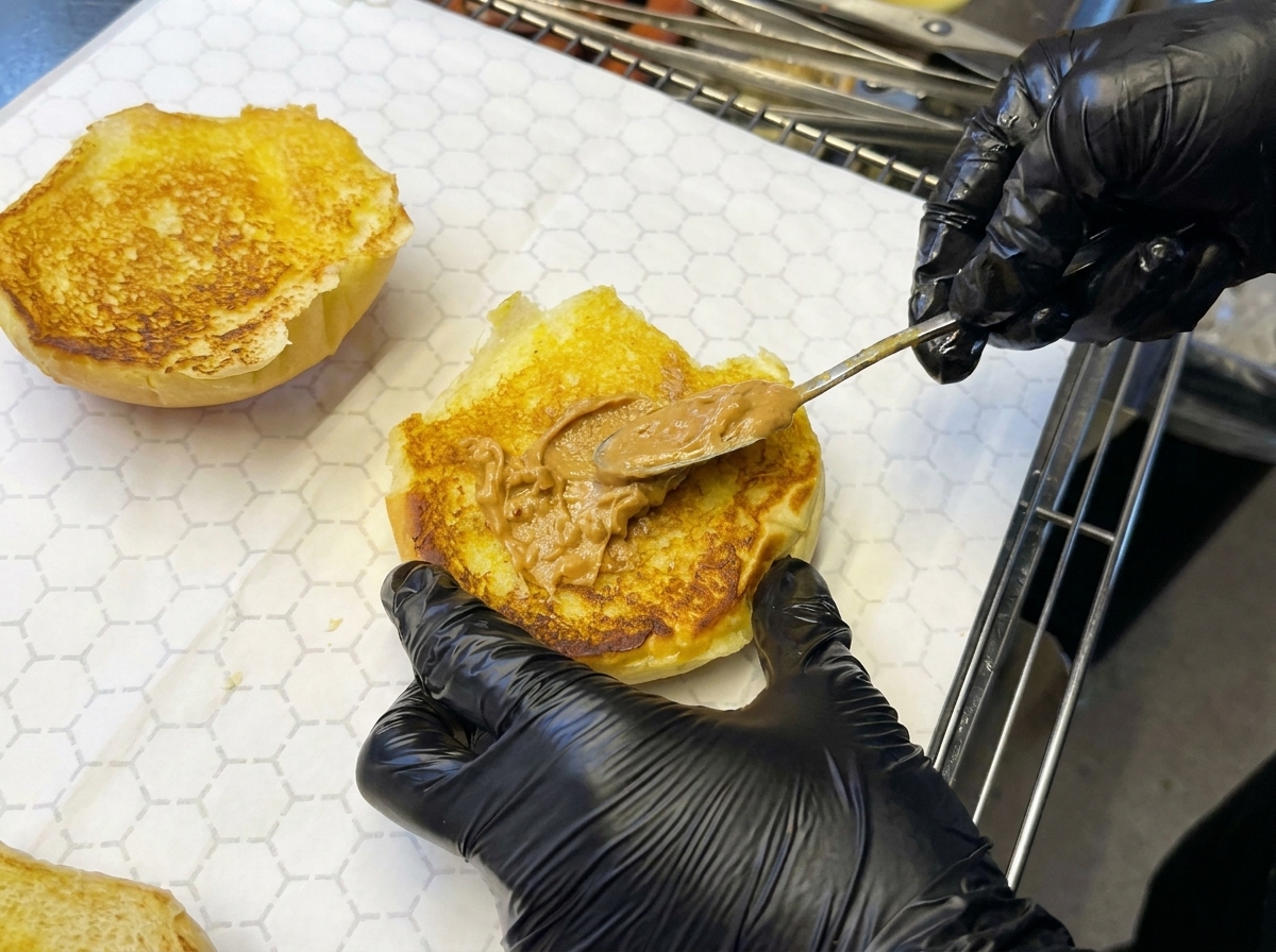 Mitad de pan tostado siendo untado con crema de cacahuete y salsa encima.