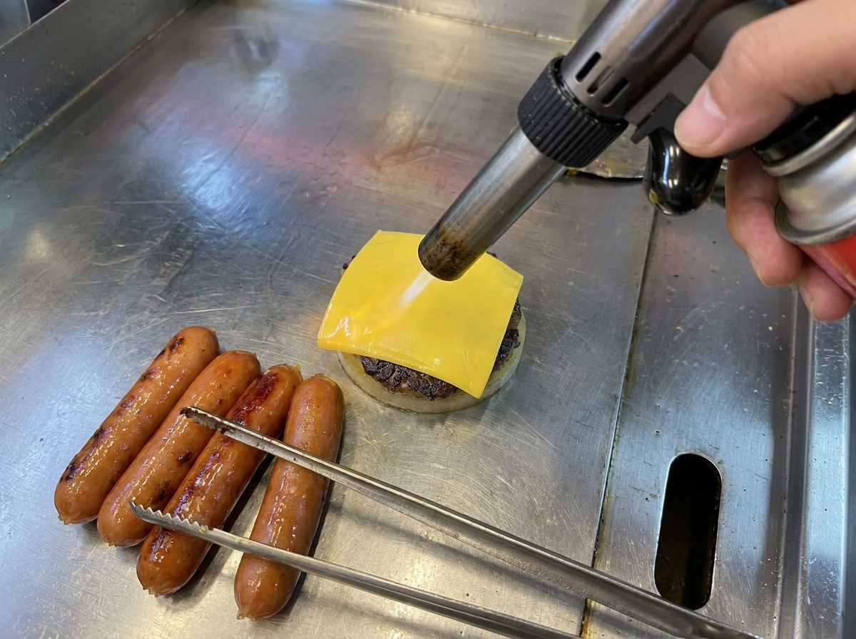 Primer plano de una loncha de queso fundiéndose sobre la hamburguesa con un soplete.