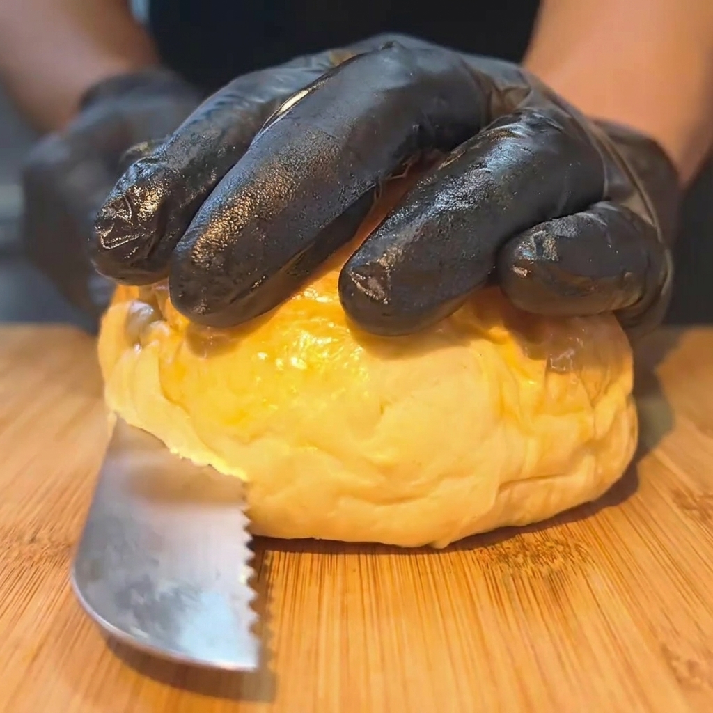 Un pan de hamburguesa abierto siendo tostado en una plancha caliente.