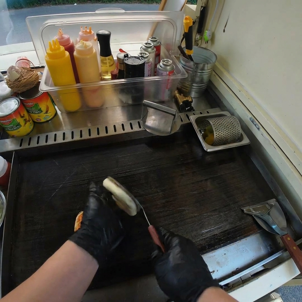 Una hamburguesa de ternera cruda chisporroteando en una sartén caliente, mostrando el dorado en los bordes.