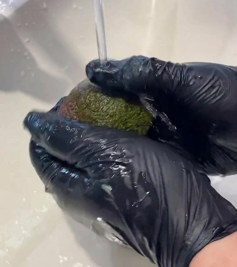 Un aguacate cortado por la mitad sin hueso, sobre una tabla de cortar de madera.