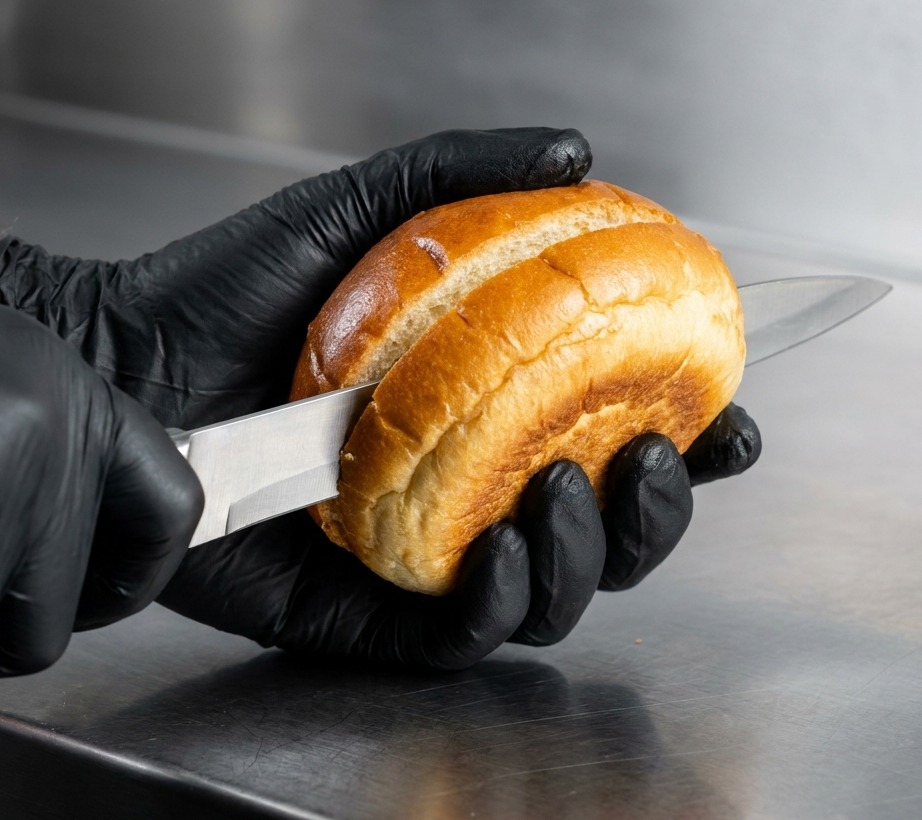Panes de hamburguesa tostándose en una plancha caliente hasta dorarse.