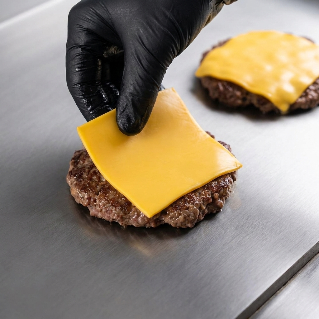 Láminas de queso cheddar fundiéndose sobre la carne en la plancha.