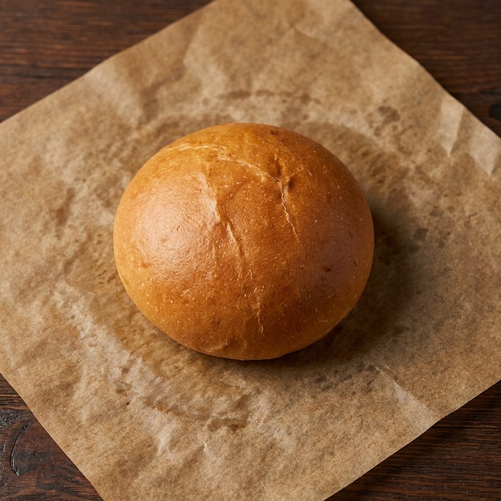 La base del pan con una hoja de lechuga, rodaja de tomate y dos pepinillos.