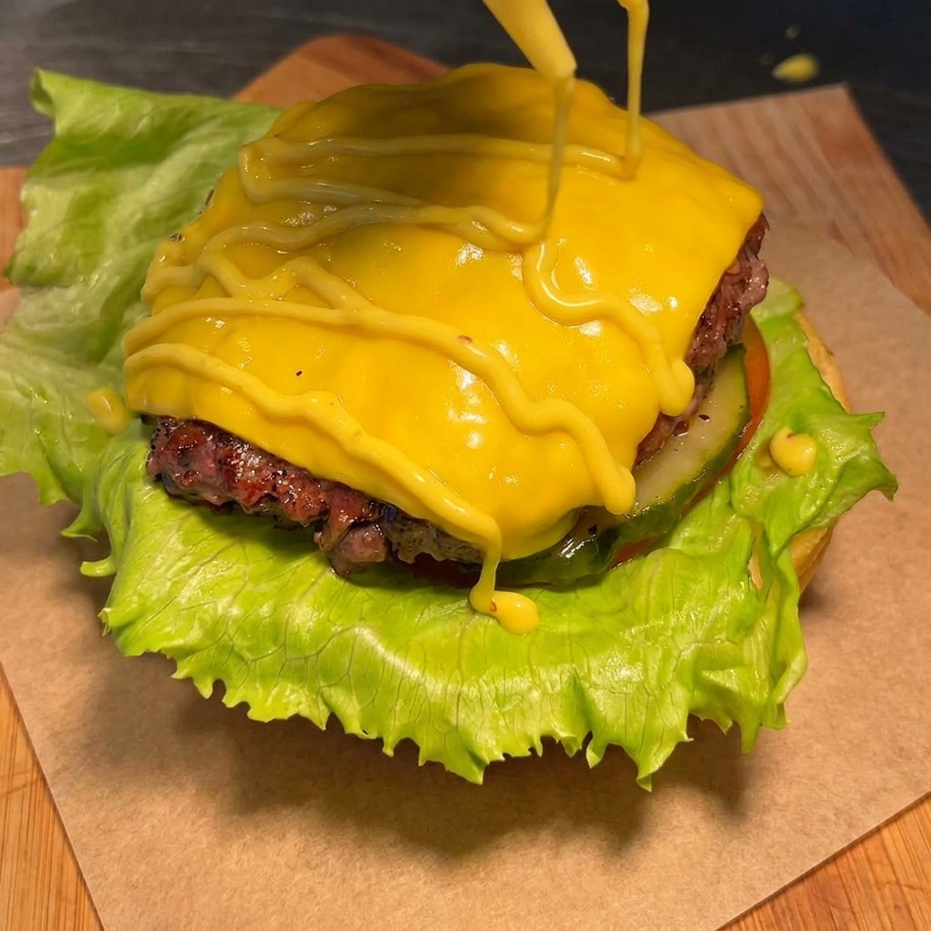 Mostaza amarilla siendo vertida en espiral sobre la carne con queso.