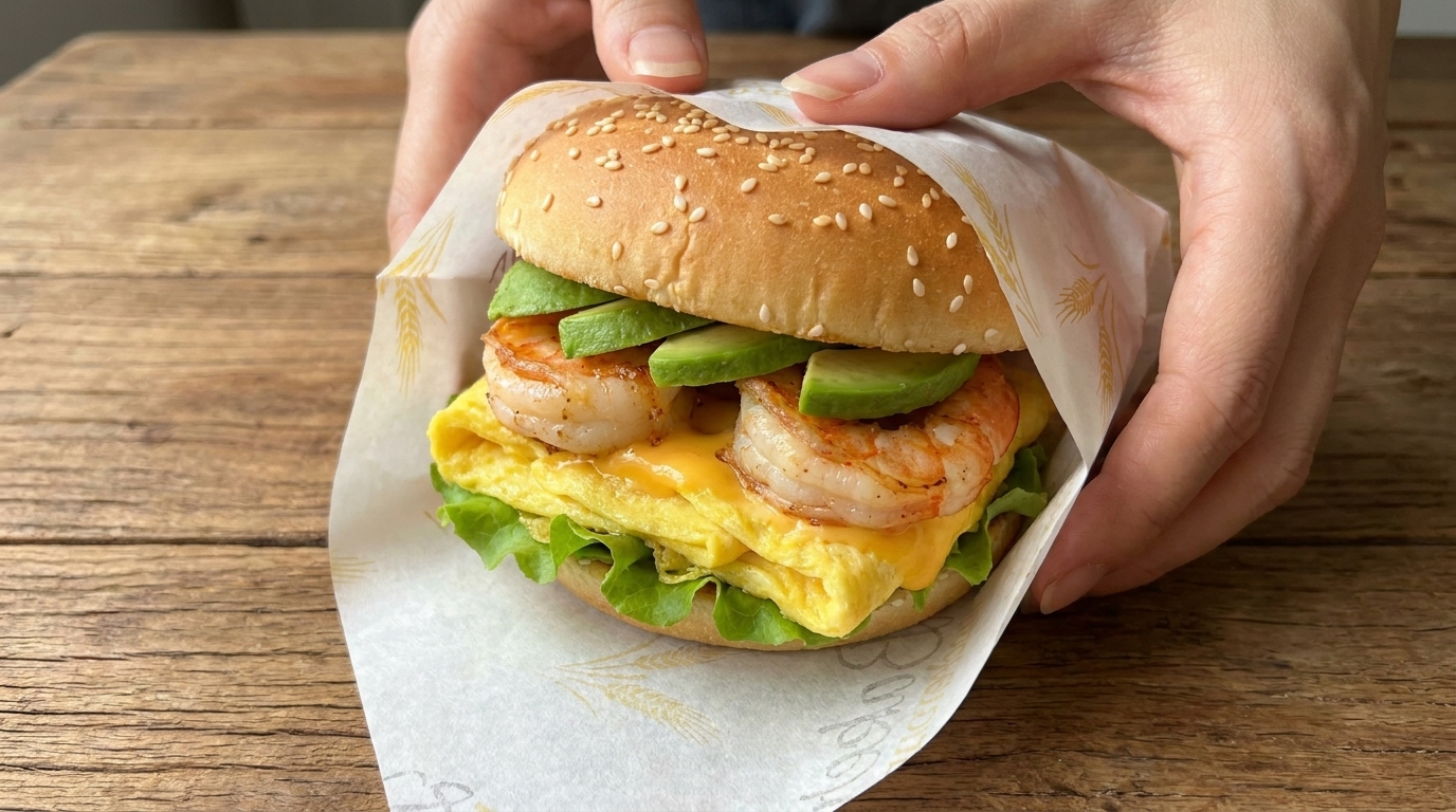 Una hamburguesa gourmet de desayuno con lechuga crujiente, huevo tierno con queso, gambas salteadas y aguacate fresco.