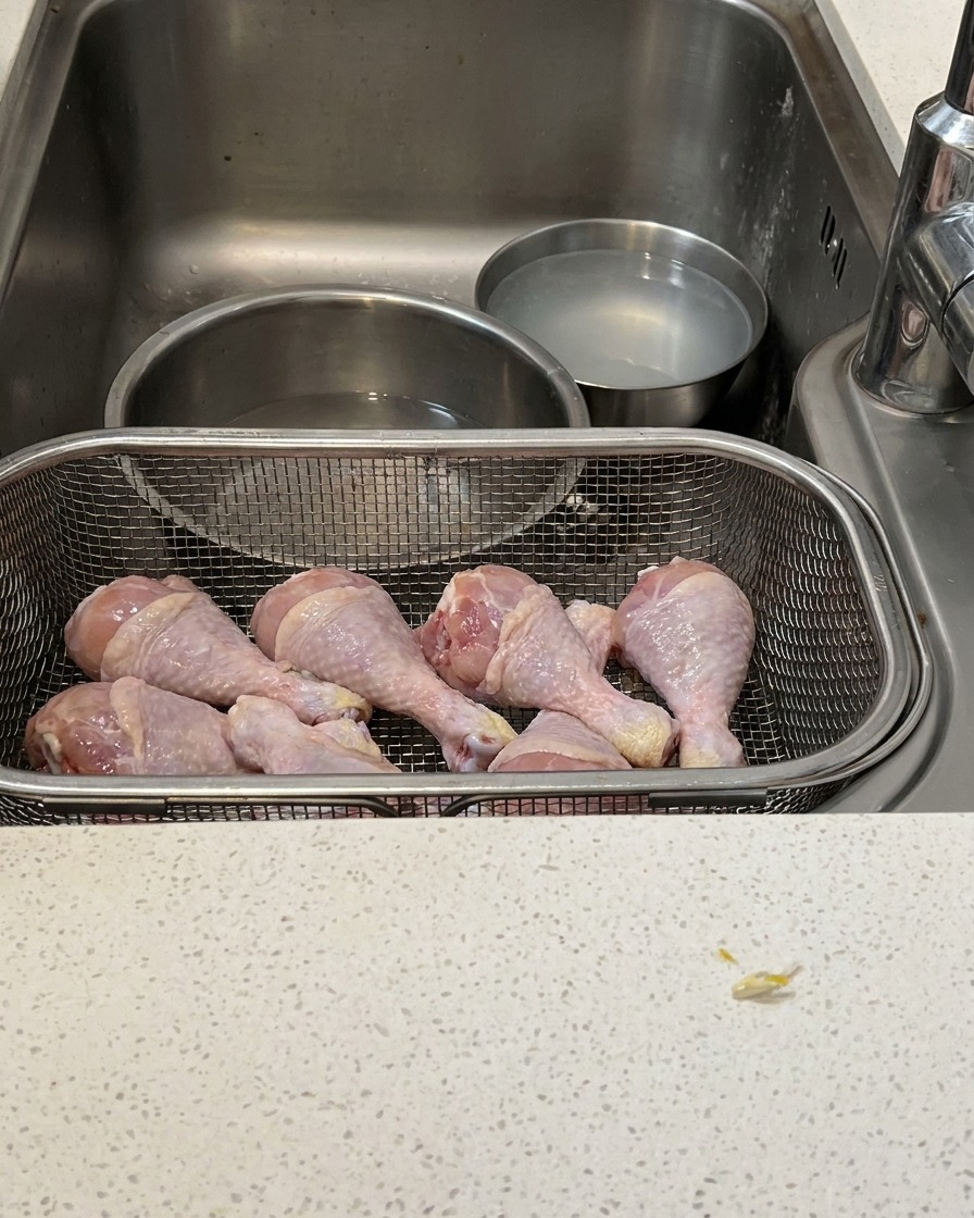 Un muslo de pollo crudo siendo deshuesado cuidadosamente con tijeras de cocina.