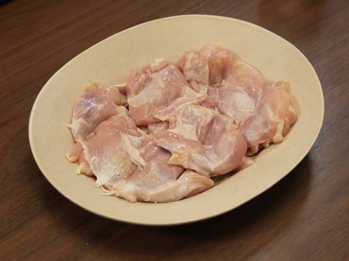 Manos frotando especias en muslos de pollo crudos sobre un plato.