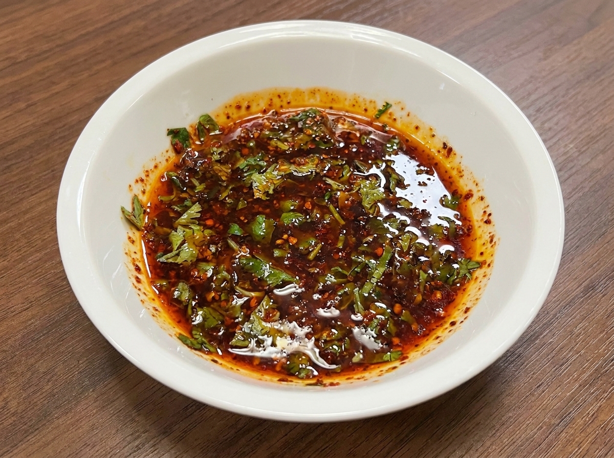 Un pequeño tazón blanco con los ingredientes de la salsa mezclados, incluyendo aceite, hierbas y especias.