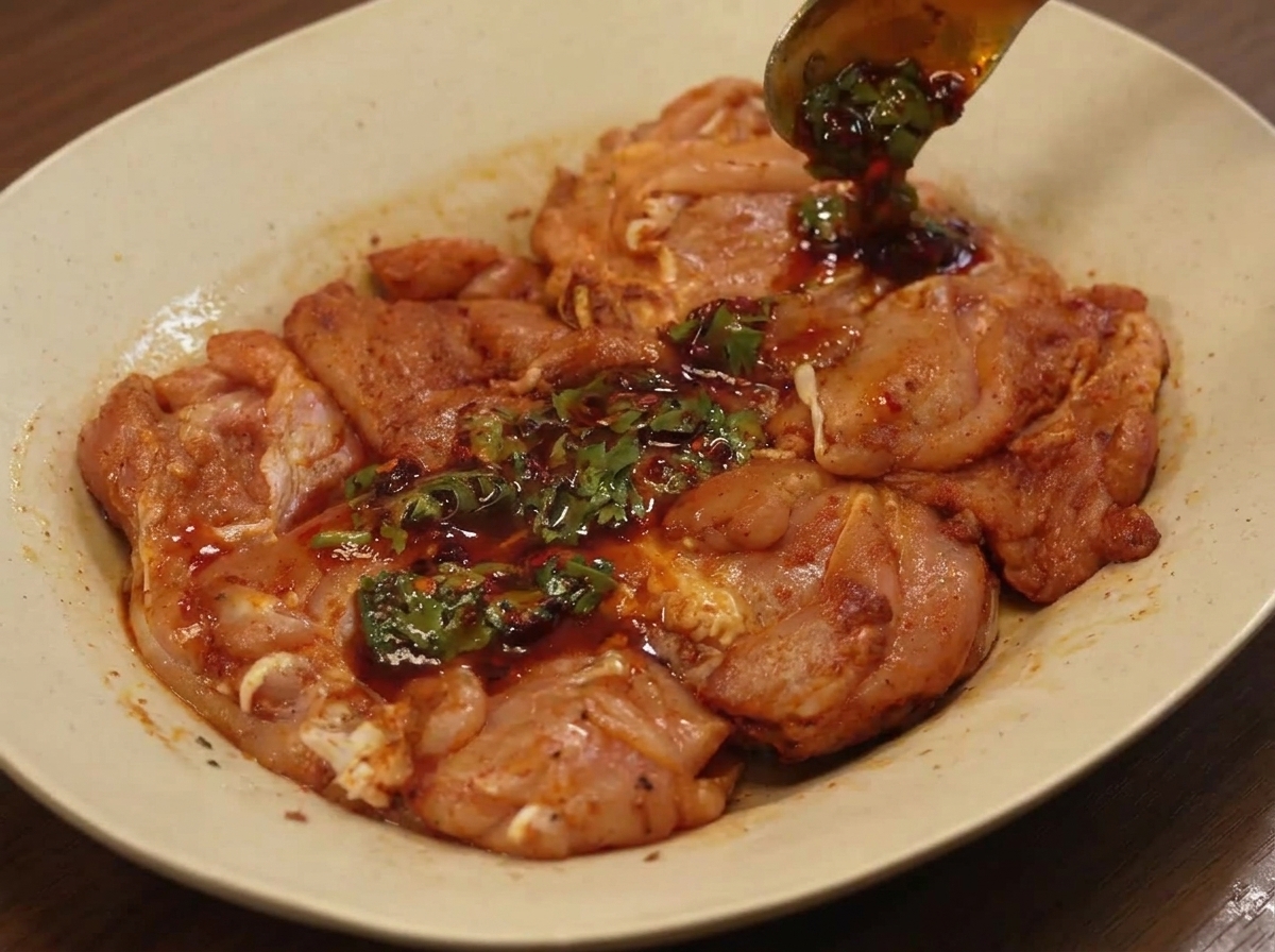 Salsa siendo vertida con una cuchara sobre muslos de pollo crudos sazonados en un plato.