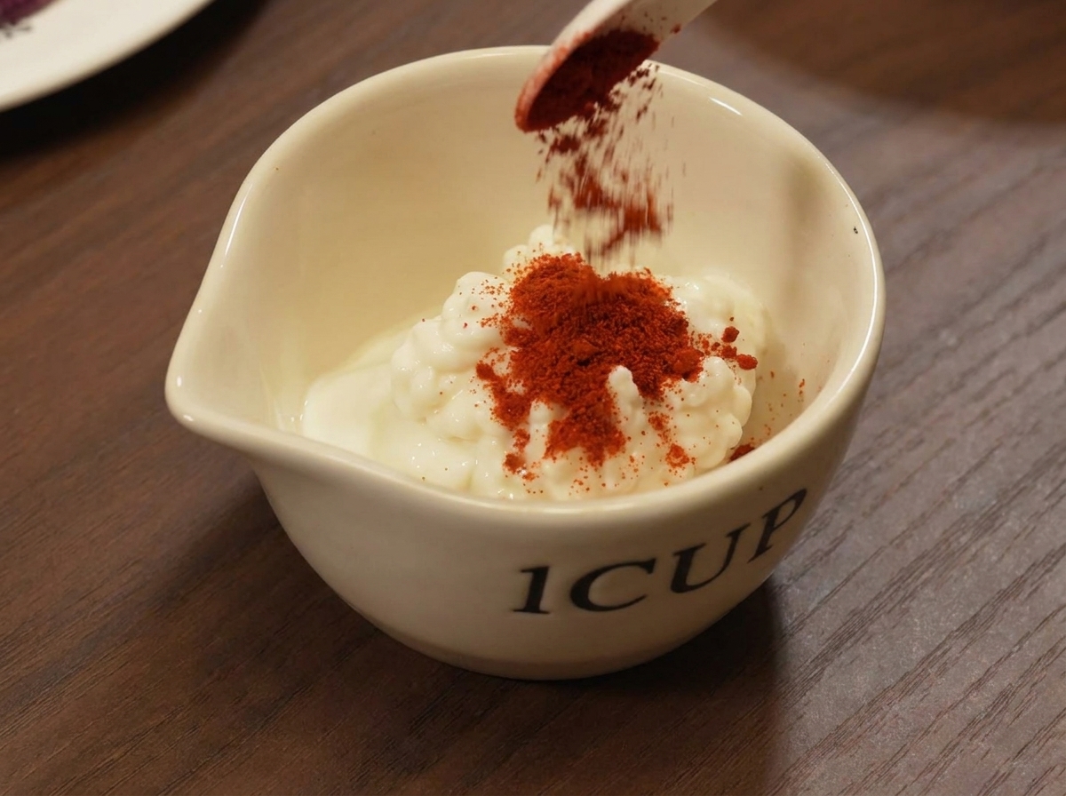 Salsa cremosa siendo mezclada en un pequeño tazón blanco con una cuchara.
