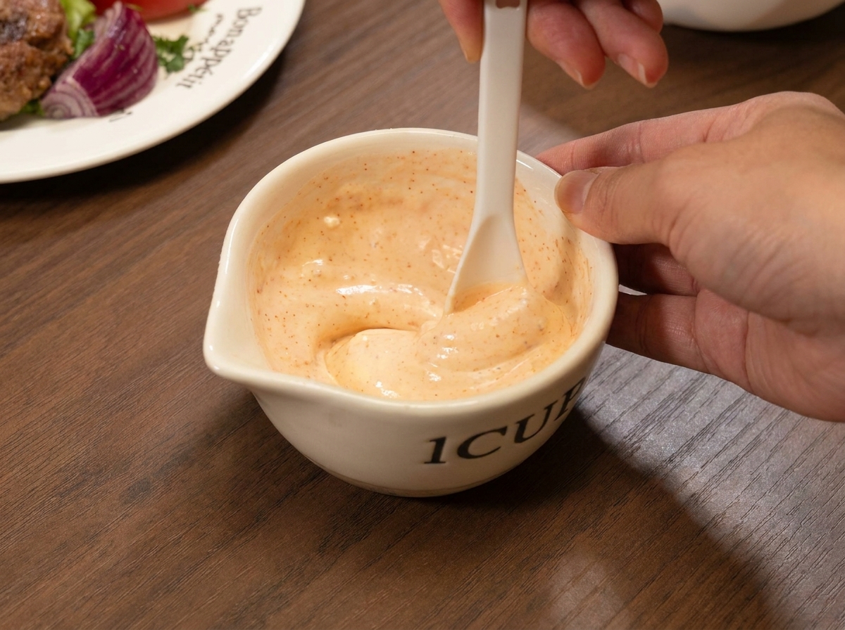 Untando salsa cremosa sobre el pan tostado con una espátula.