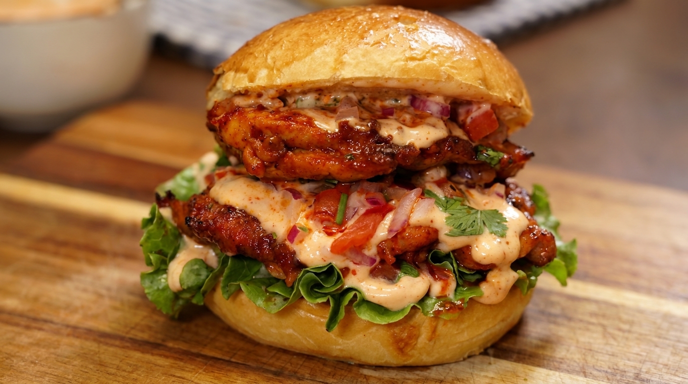 Una hamburguesa de pollo picante a la parrilla al estilo mexicano con salsa fresca y aderezo cremoso.