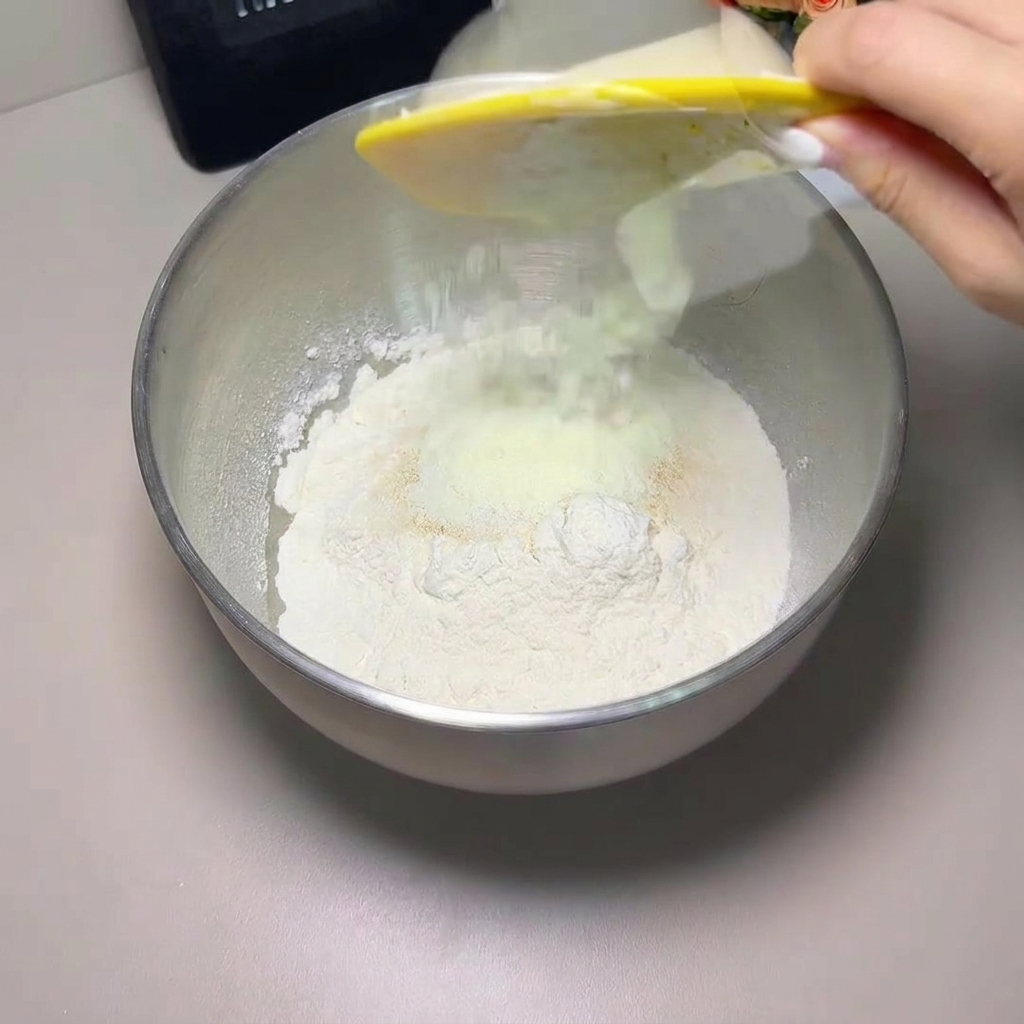 Ingredientes secos vertiéndose en un cuenco grande de metal.