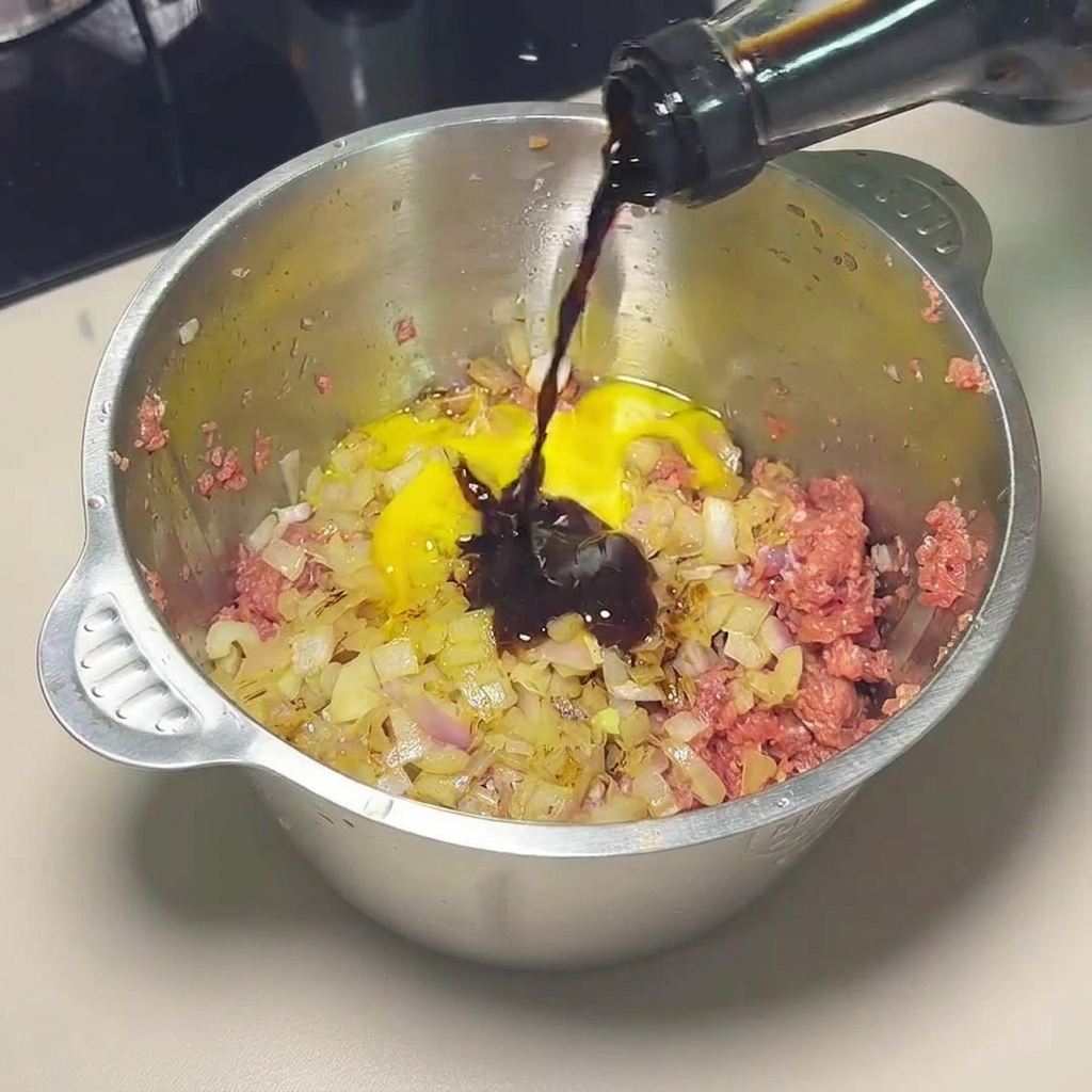 Salsa de soja oscura vertiéndose desde una botella en un cuenco de metal con carne picada de ternera, cebollas picadas, un huevo y condimentos líquidos.