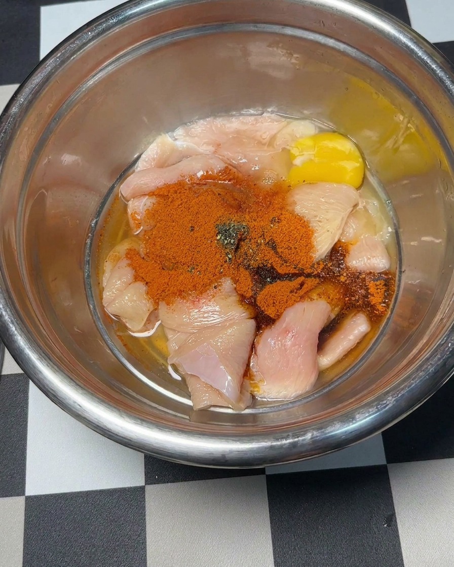 Un huevo crudo añadido al bol de trozos de pollo sazonados.