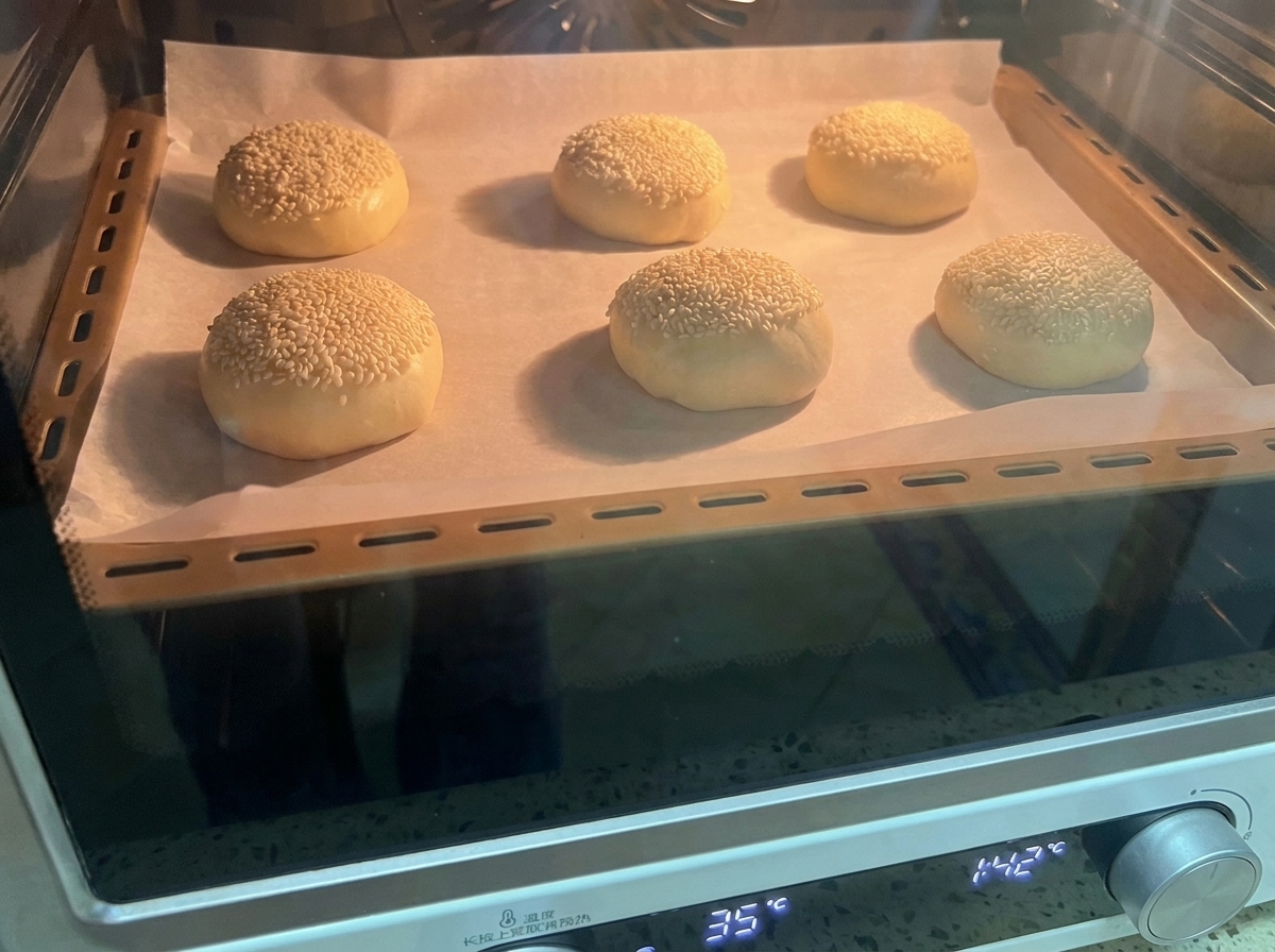 Bandeja con seis bolas de masa con sésamo listas para fermentar.