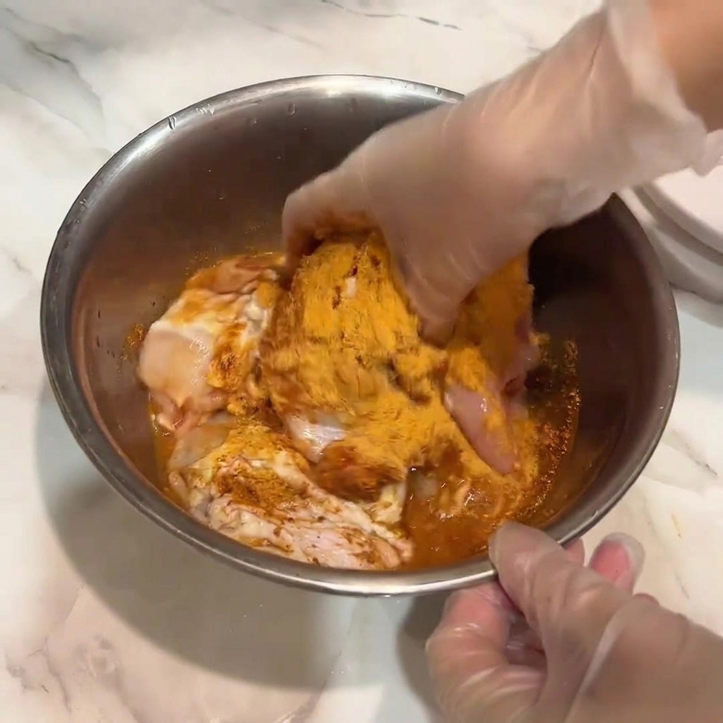 Manos con guantes mezclando pollo en un marinado rojo.