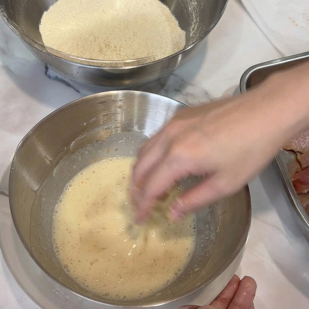 Mano sumergiendo pollo en un rebozado líquido.