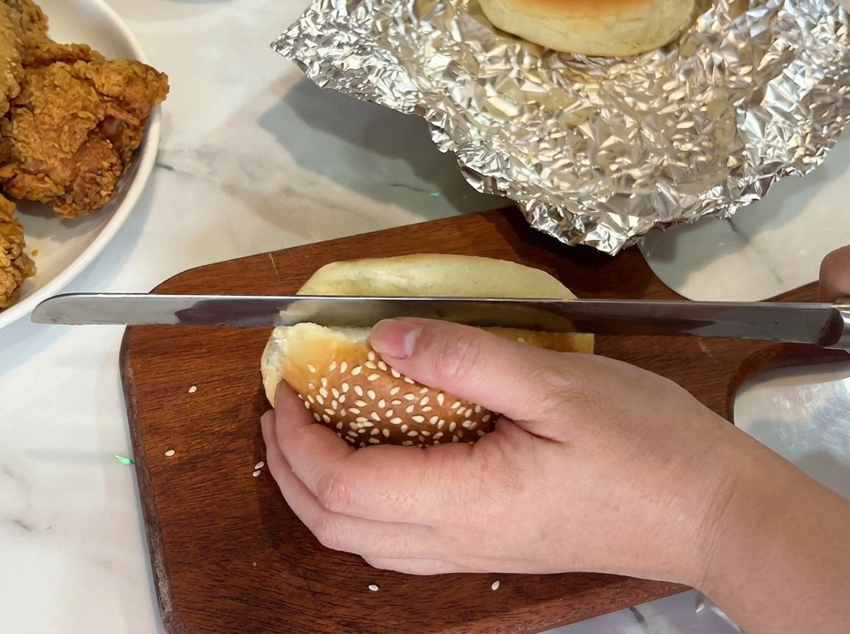 Cortando un pan de hamburguesa con un cuchillo de sierra.